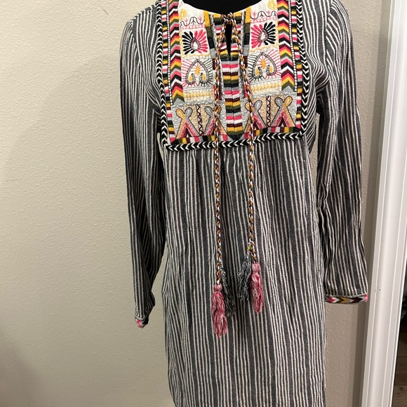 philosophy Striped Embroidered Bib tassel detail Long Sleeve Tunic Dress L - Picture 1 of 8